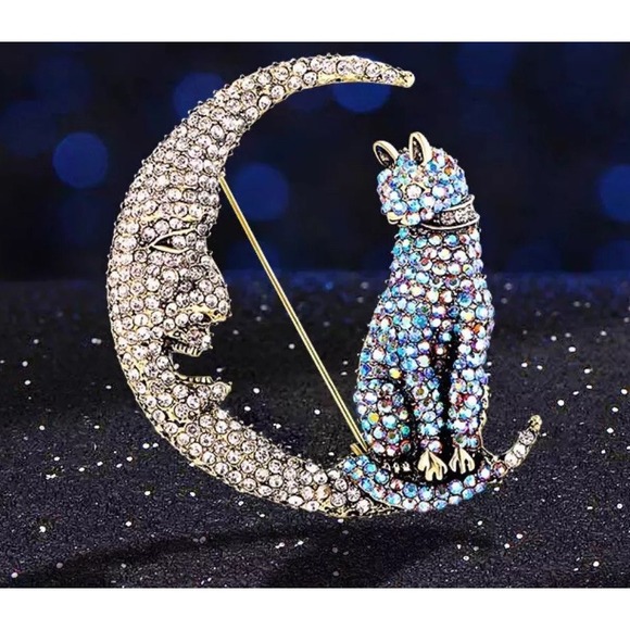 Crystal Cat On The Moon Brooch Blue Crystal Pin‎ Vintage Style NWT - Picture 6 of 6